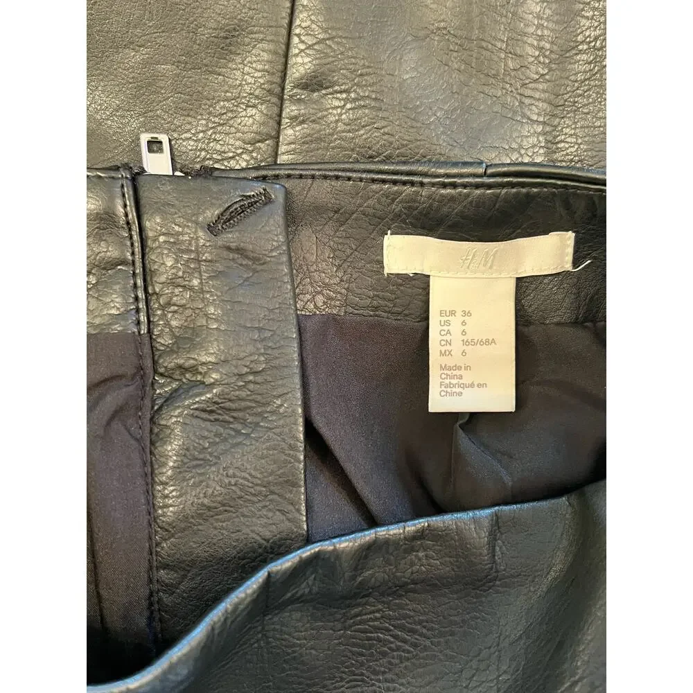 H&M Size US 6 Black Faux Leather Floral Embroidered Mini Raw Hem Biker Skirt - Picture 3 of 6